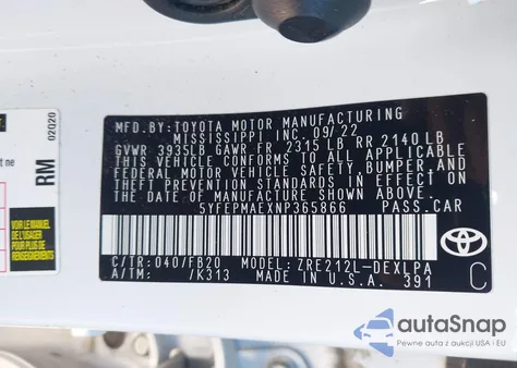 2022 Toyota Corolla Le из США, поврежденный, VIN 5YFEPMAEXNP365866